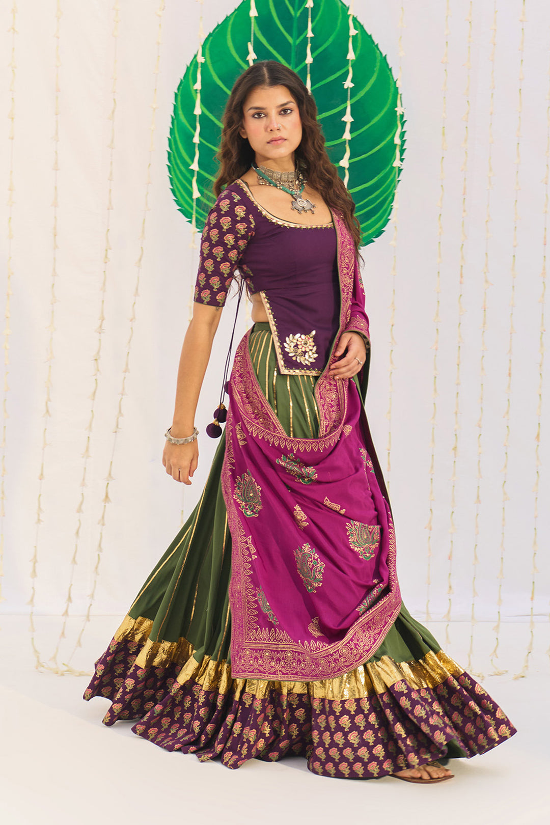 Jameela Olive Green Lehenga with Wine Choli and Dupatta (set of 3)