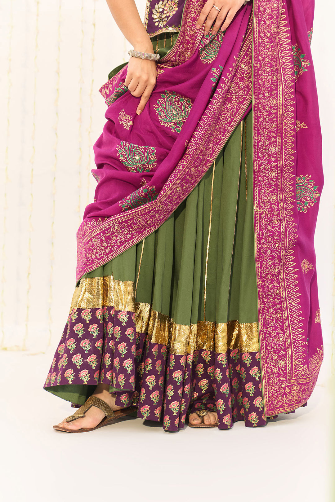 Jameela Olive Green Lehenga with Wine Choli and Dupatta (set of 3)