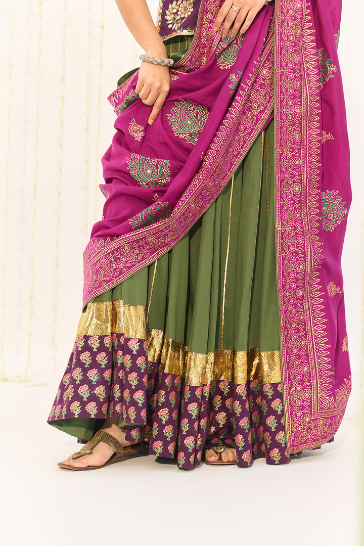 Jameela Olive Green Lehenga with Wine Choli and Dupatta (set of 3)