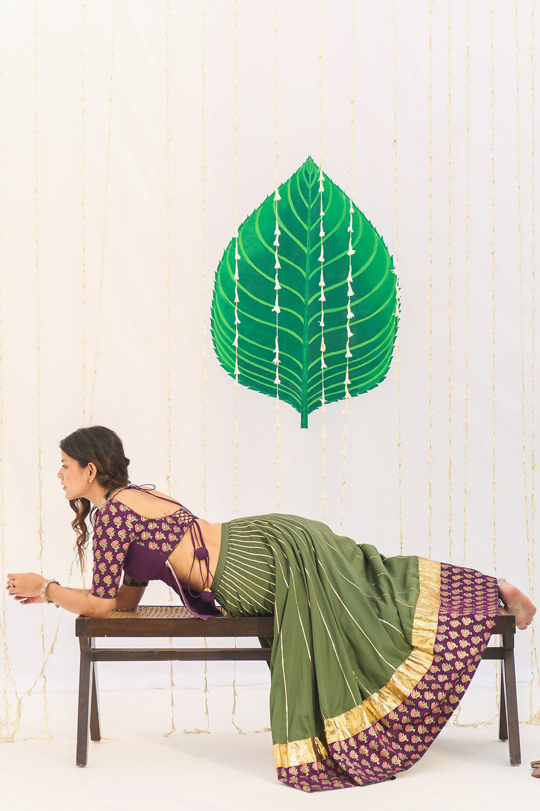 Jameela Olive Green Lehenga with Wine Choli and Dupatta (set of 3)