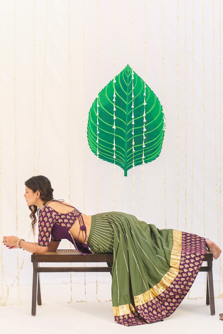 Jameela Olive Green Lehenga with Wine Choli and Dupatta (set of 3)