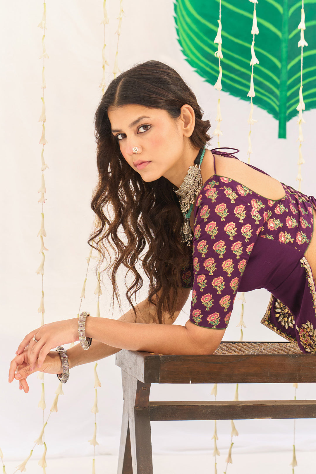 Jameela Olive Green Lehenga with Wine Choli and Dupatta (set of 3)