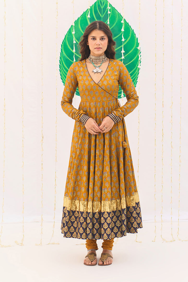 Jameela Block Printed Mustard Anarkali with Chooridar and Dupatta (set of 3)