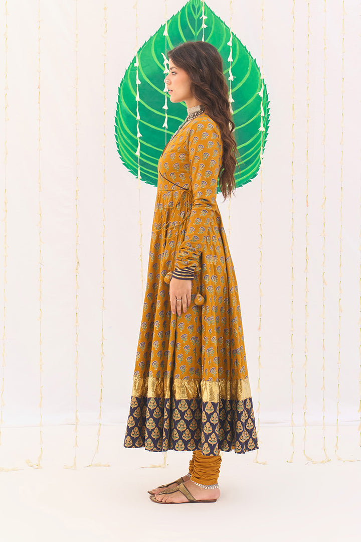 Jameela Block Printed Mustard Anarkali with Chooridar and Dupatta (set of 3)