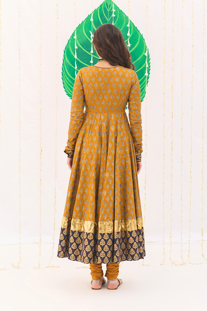 Jameela Block Printed Mustard Anarkali with Chooridar and Dupatta (set of 3)