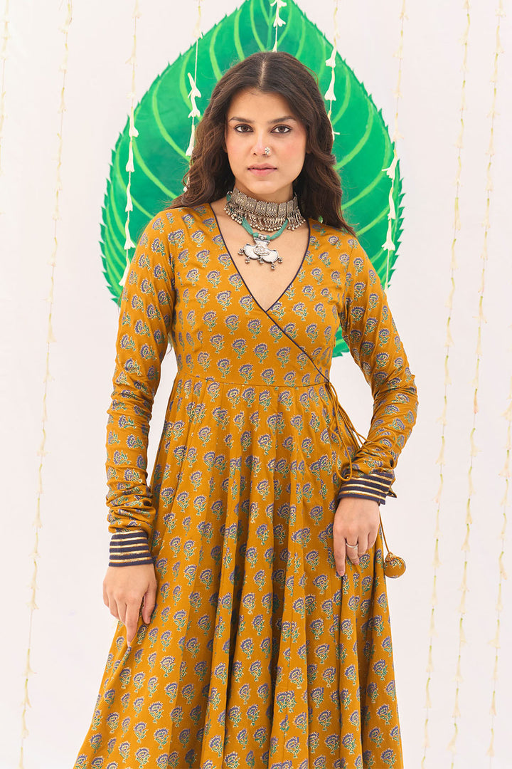 Jameela Block Printed Mustard Anarkali with Chooridar and Dupatta (set of 3)