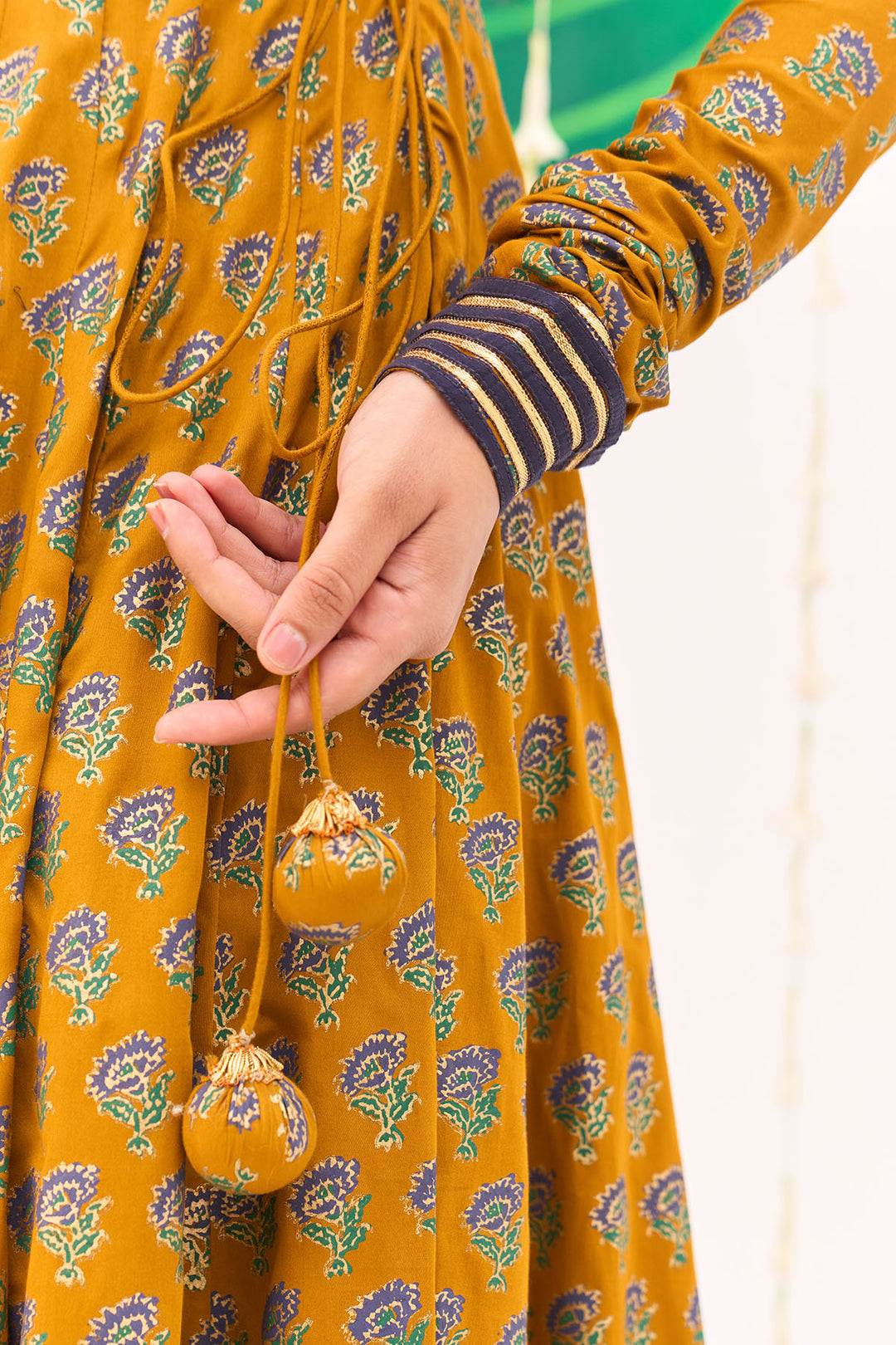 Jameela Block Printed Mustard Anarkali with Chooridar and Dupatta (set of 3)