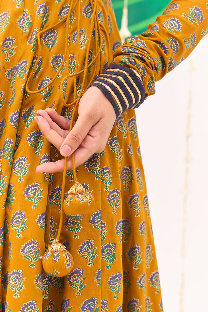 Jameela Block Printed Mustard Anarkali with Chooridar and Dupatta (set of 3)