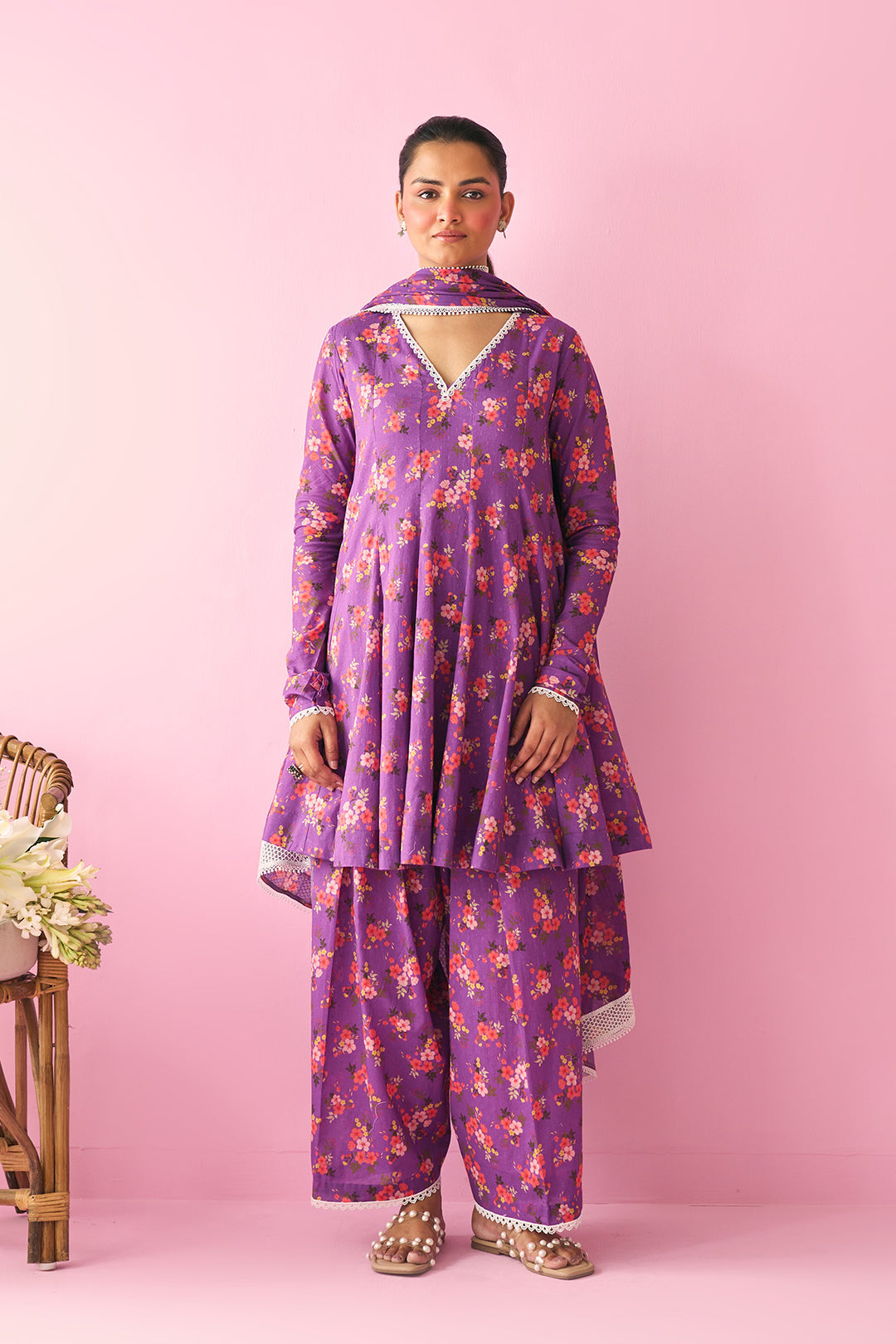 Summer Essentials 26 Purple Floral Short Anarkali With Farshi Salwar And Dupatta ( Set Of 3 )