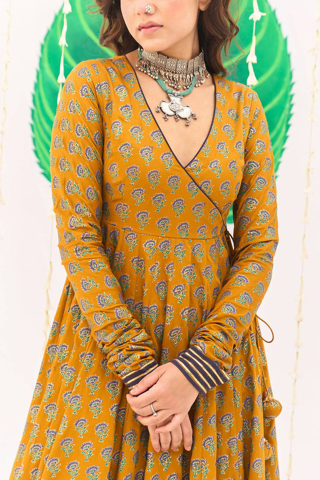 Jameela Block Printed Mustard Anarkali with Chooridar and Dupatta (set of 3)