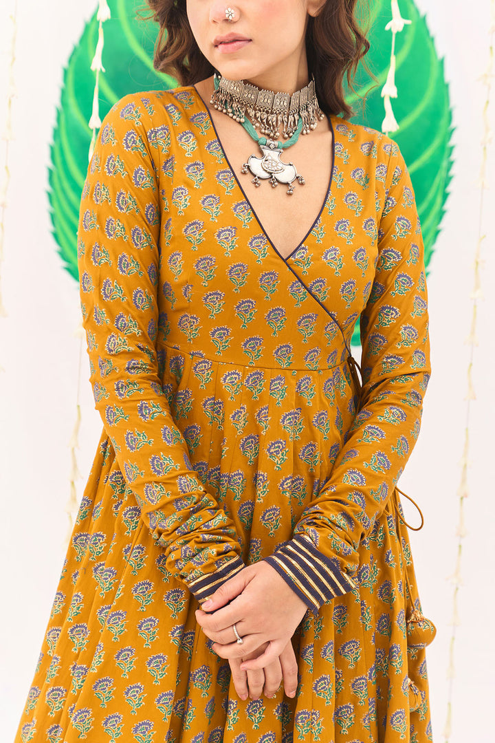 Jameela Block Printed Mustard Anarkali with Chooridar and Dupatta (set of 3)