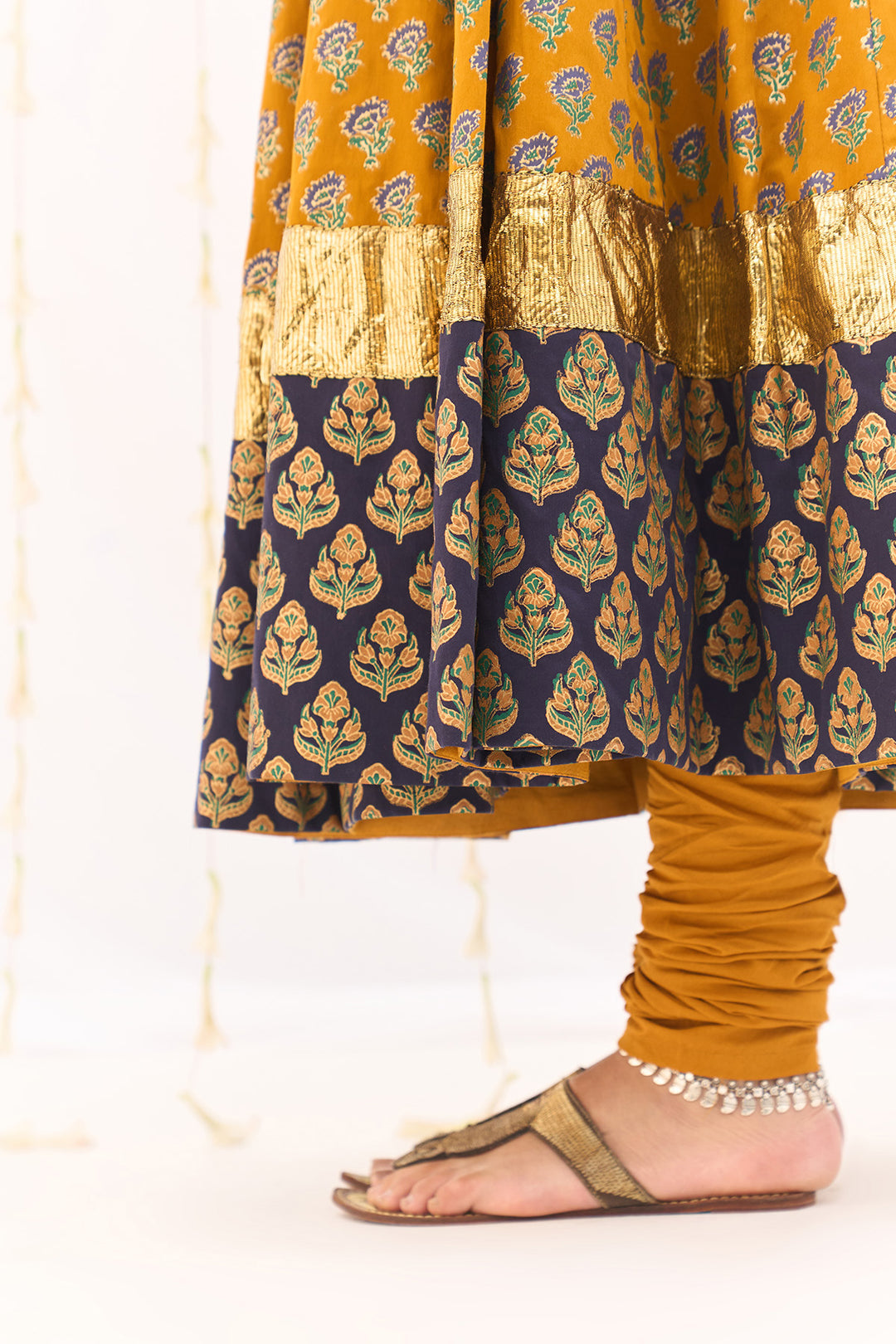 Jameela Block Printed Mustard Anarkali with Chooridar and Dupatta (set of 3)