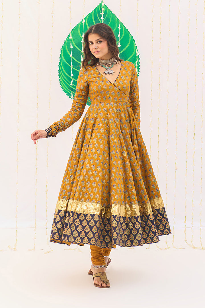 Jameela Block Printed Mustard Anarkali with Chooridar and Dupatta (set of 3)