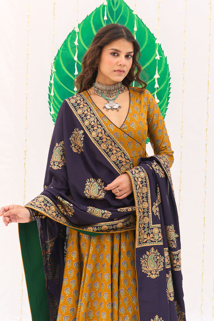 Jameela Block Printed Mustard Anarkali with Chooridar and Dupatta (set of 3)