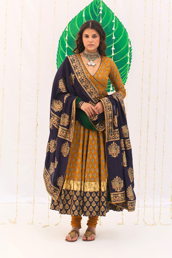 Jameela Block Printed Mustard Anarkali with Chooridar and Dupatta (set of 3)