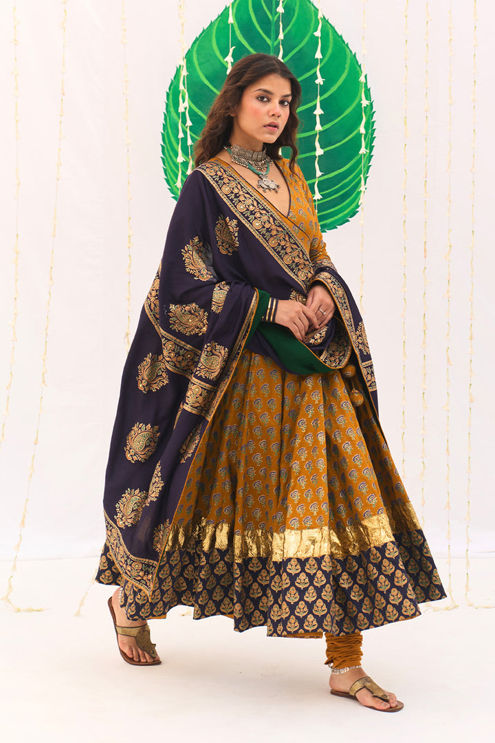 Jameela Block Printed Mustard Anarkali with Chooridar and Dupatta (set of 3)