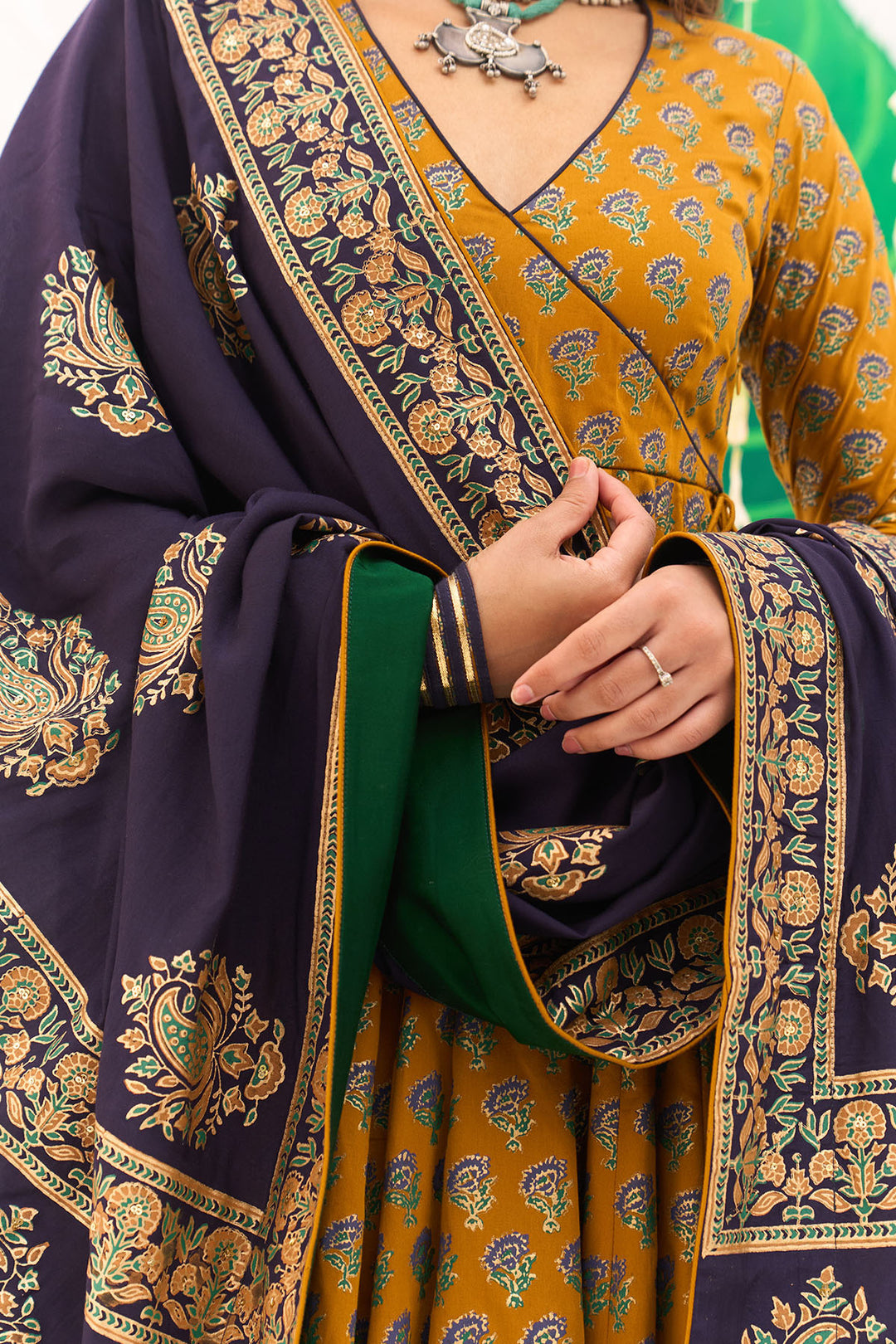 Jameela Block Printed Mustard Anarkali with Chooridar and Dupatta (set of 3)