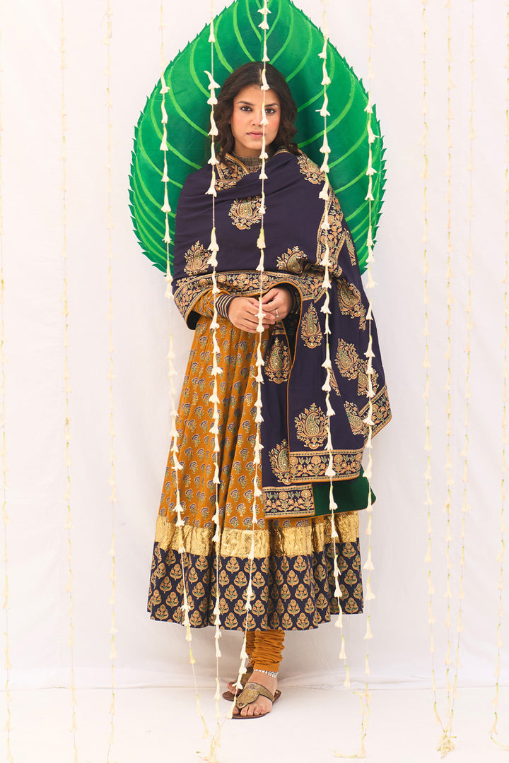 Jameela Block Printed Mustard Anarkali with Chooridar and Dupatta (set of 3)