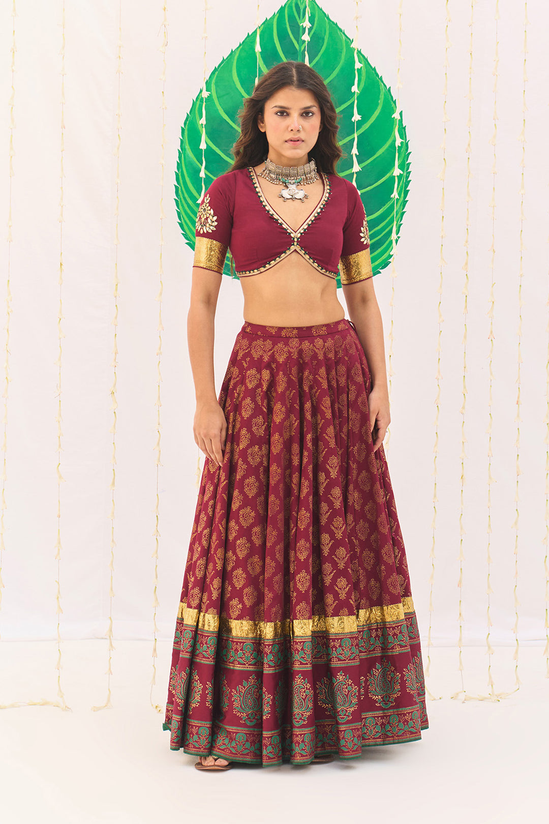 Jameela Block Printed Berry Red Lehenga with Embroidered Blouse and Dupatta ( Set of 3)