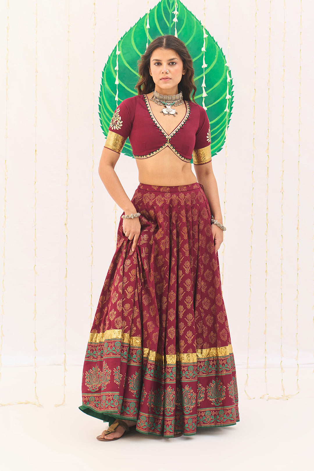 Jameela Block Printed Berry Red Lehenga with Embroidered Blouse and Dupatta ( Set of 3)