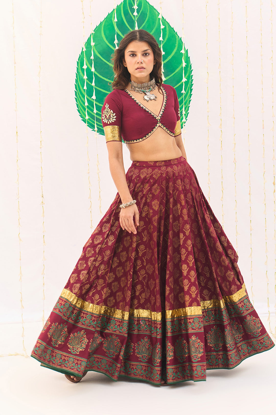 Jameela Block Printed Berry Red Lehenga with Embroidered Blouse and Dupatta ( Set of 3)