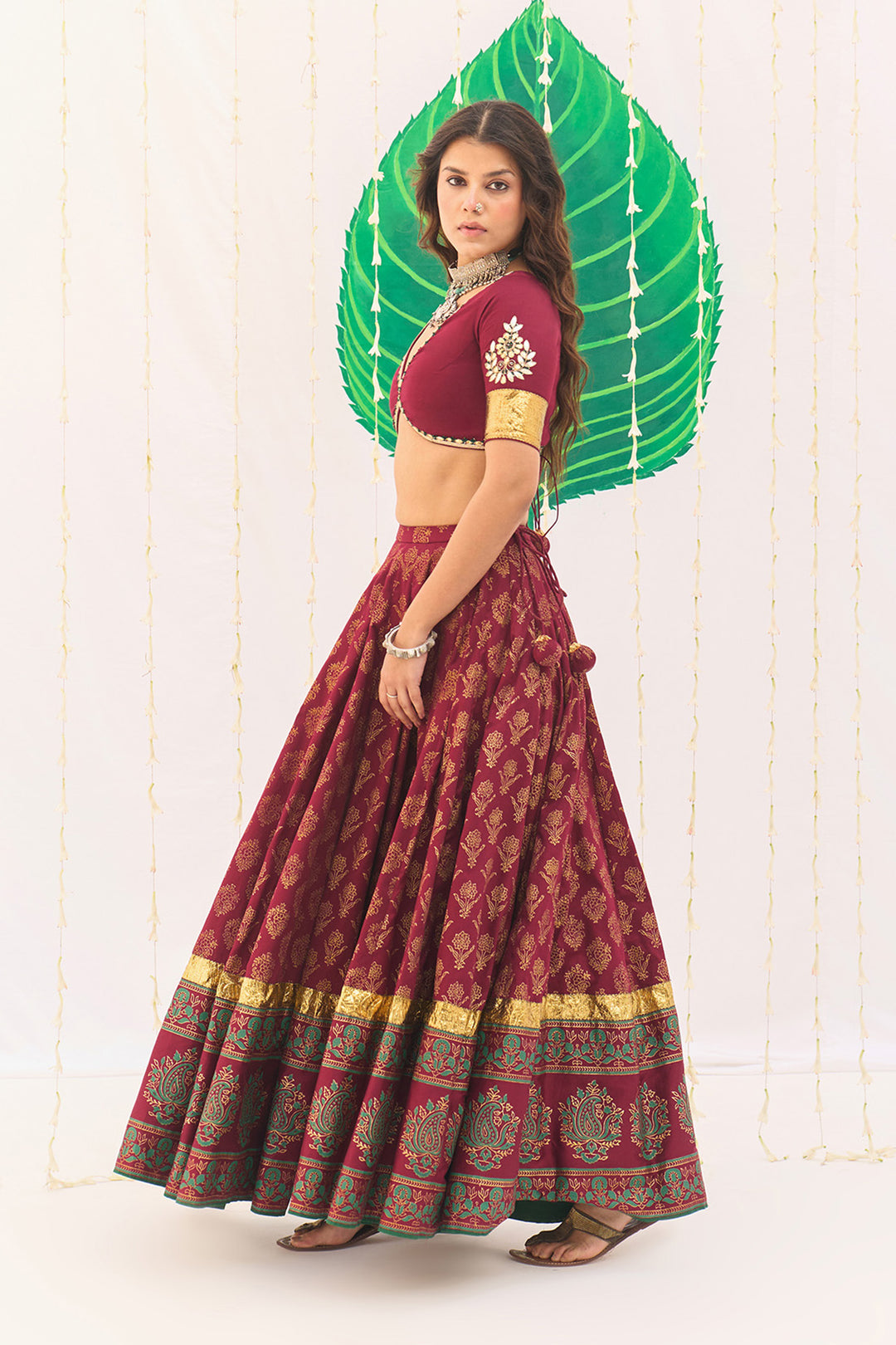 Jameela Block Printed Berry Red Lehenga with Embroidered Blouse and Dupatta ( Set of 3)