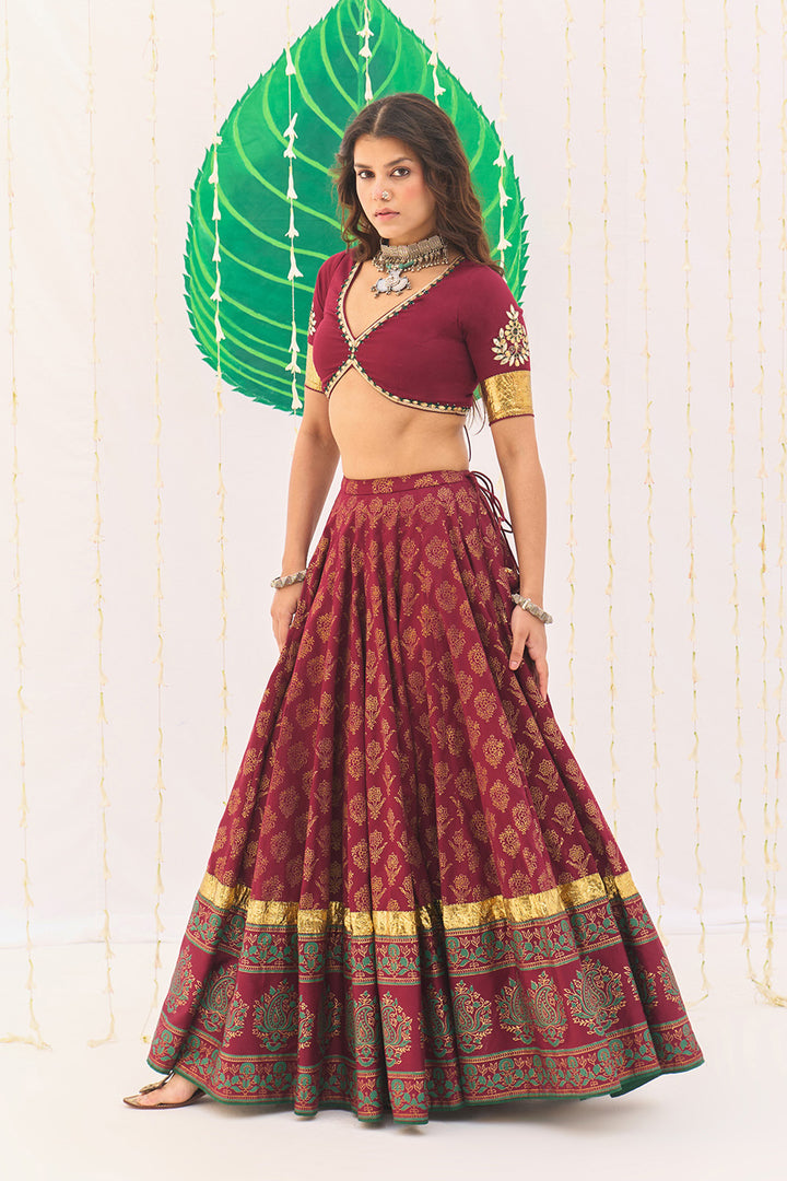 Jameela Block Printed Berry Red Lehenga with Embroidered Blouse and Dupatta ( Set of 3)