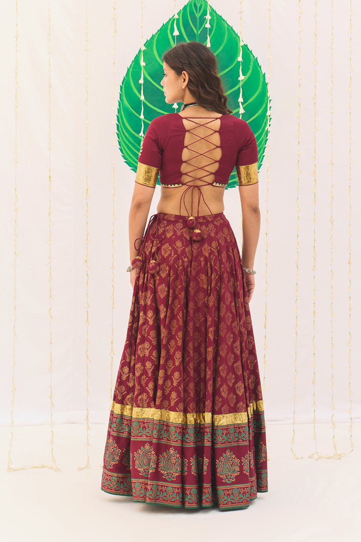 Jameela Block Printed Berry Red Lehenga with Embroidered Blouse and Dupatta ( Set of 3)