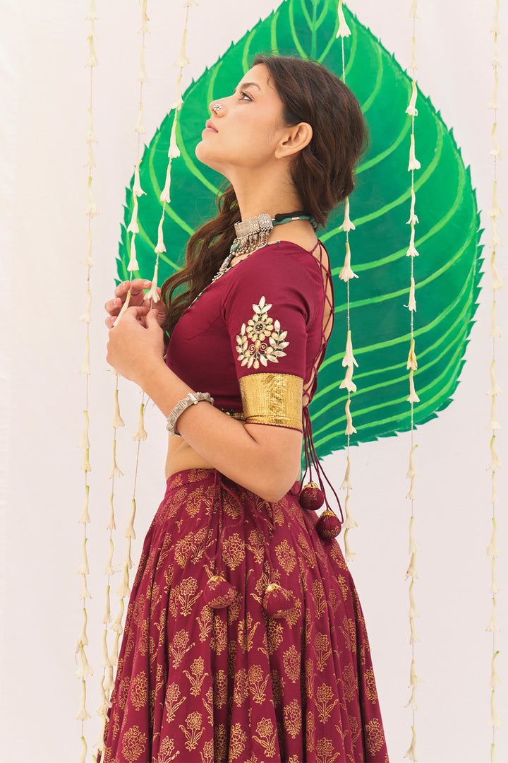 Jameela Block Printed Berry Red Lehenga with Embroidered Blouse and Dupatta ( Set of 3)