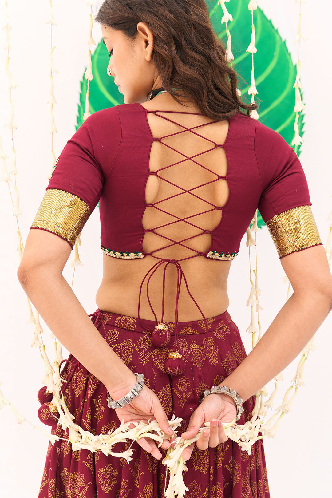 Jameela Block Printed Berry Red Lehenga with Embroidered Blouse and Dupatta ( Set of 3)