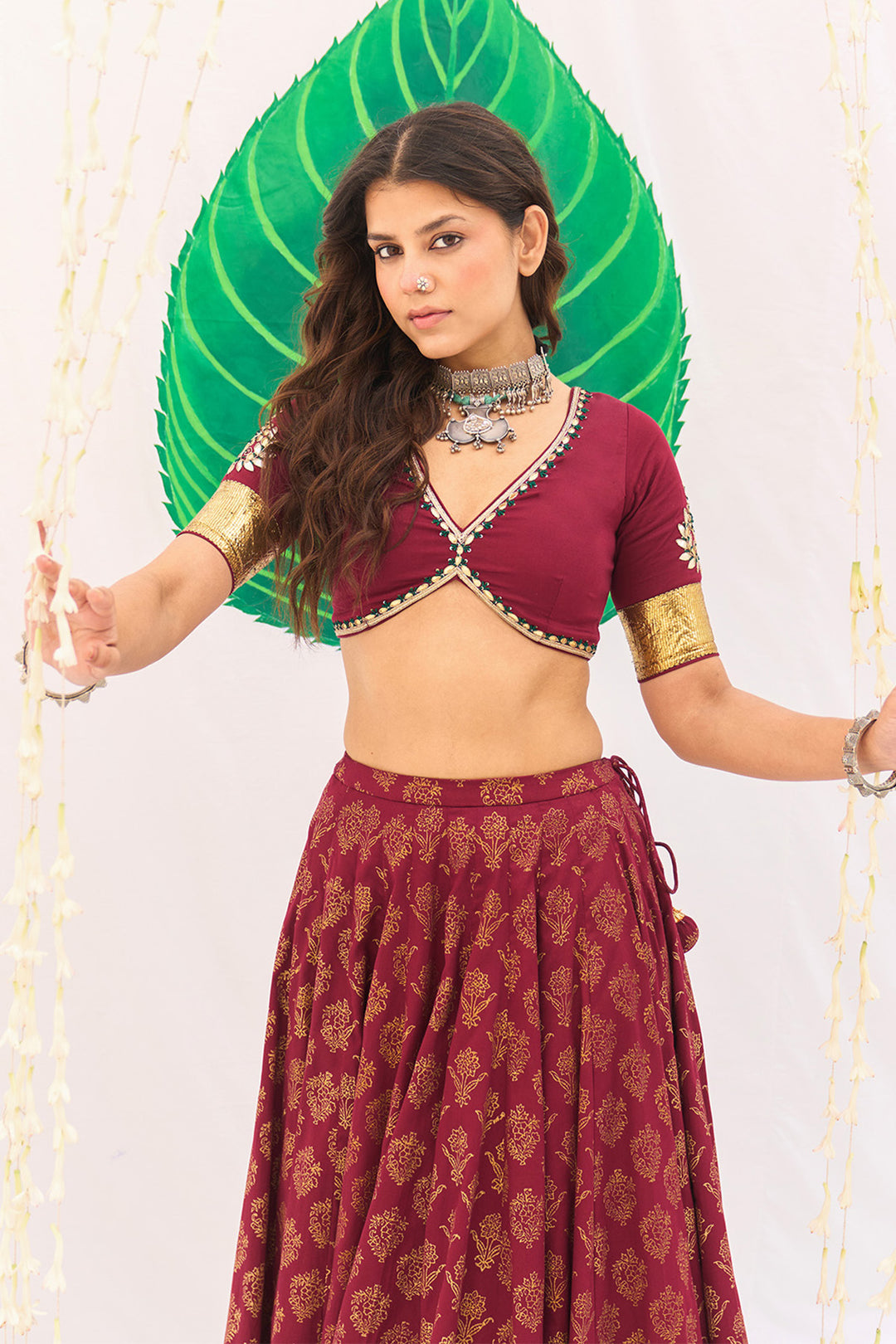 Jameela Block Printed Berry Red Lehenga with Embroidered Blouse and Dupatta ( Set of 3)