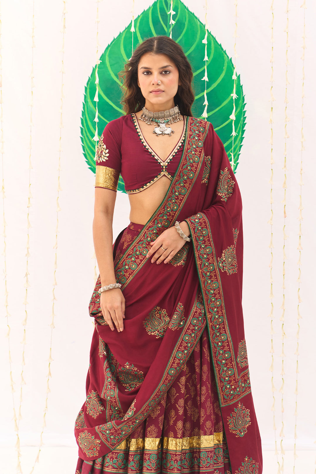 Jameela Block Printed Berry Red Lehenga with Embroidered Blouse and Dupatta ( Set of 3)