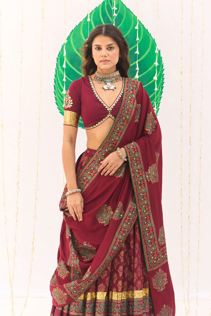 Jameela Block Printed Berry Red Lehenga with Embroidered Blouse and Dupatta ( Set of 3)