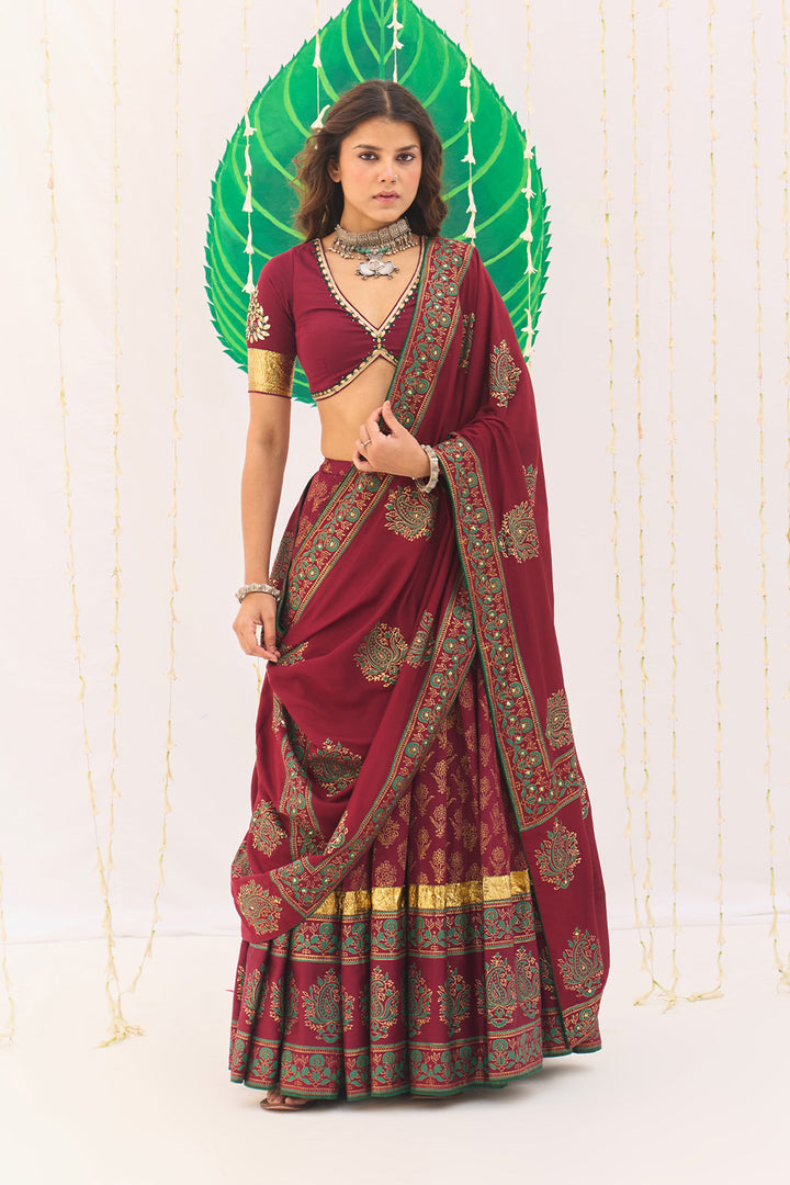 Jameela Block Printed Berry Red Lehenga with Embroidered Blouse and Dupatta ( Set of 3)