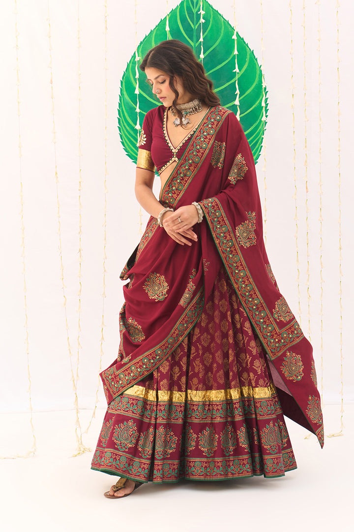 Jameela Block Printed Berry Red Lehenga with Embroidered Blouse and Dupatta ( Set of 3)
