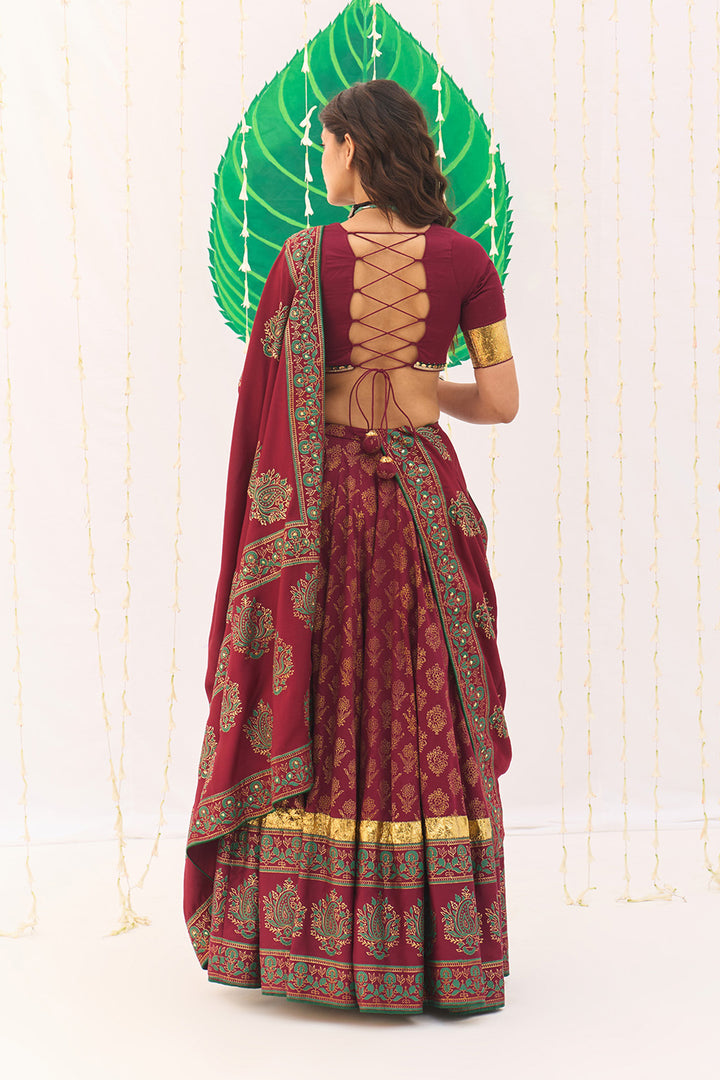 Jameela Block Printed Berry Red Lehenga with Embroidered Blouse and Dupatta ( Set of 3)