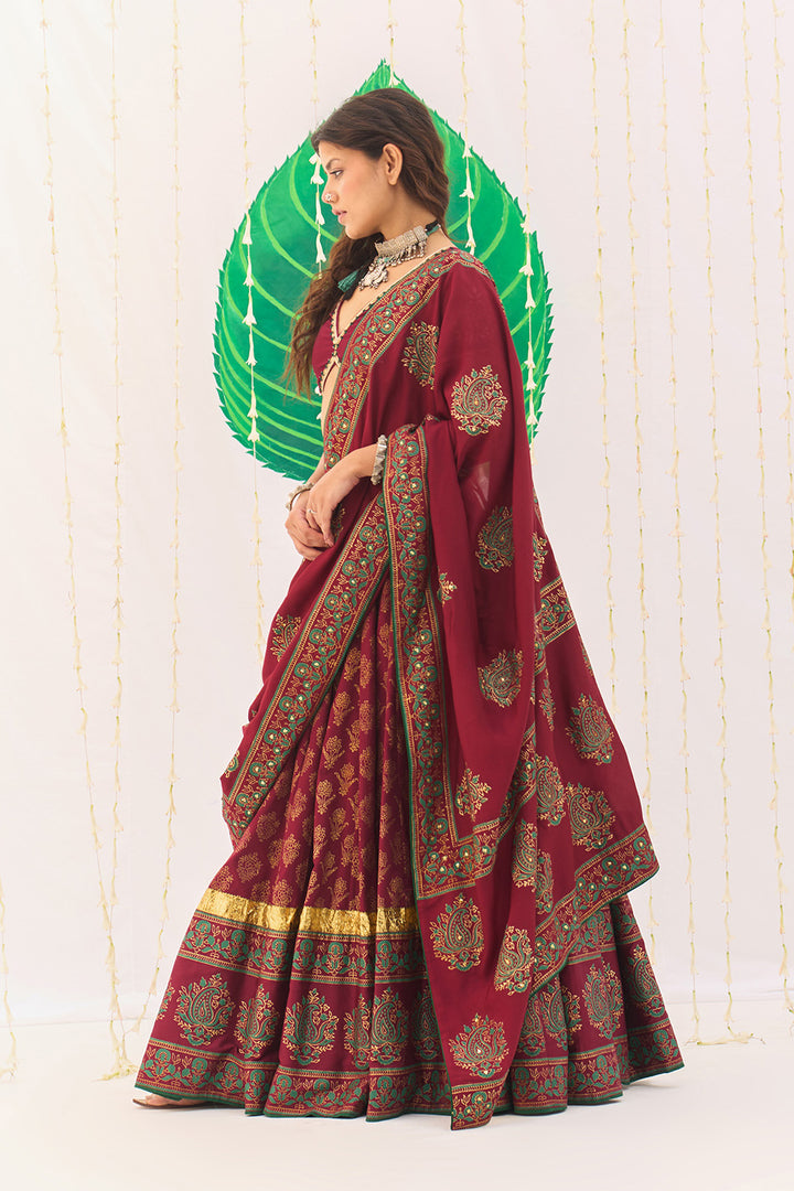 Jameela Block Printed Berry Red Lehenga with Embroidered Blouse and Dupatta ( Set of 3)