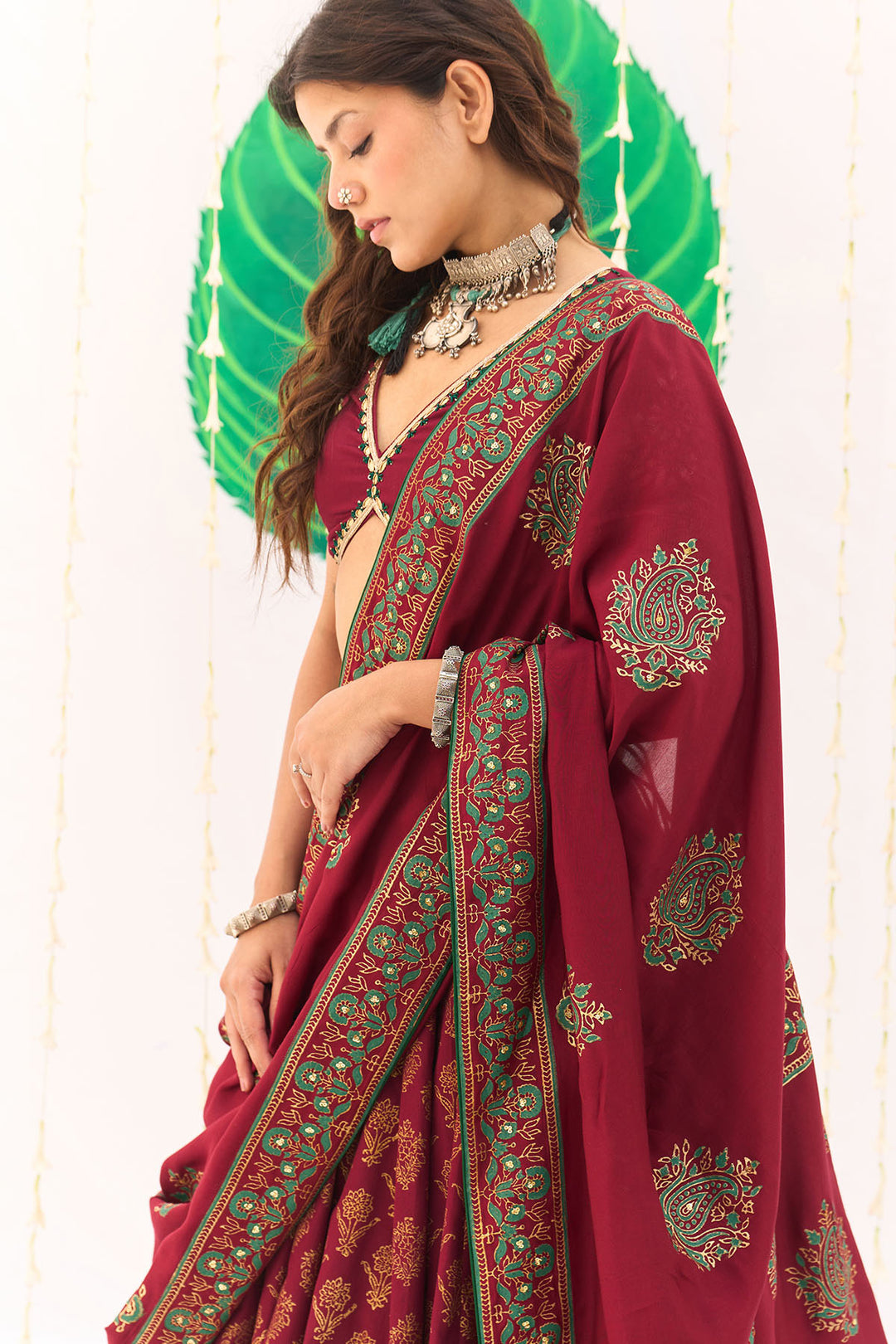 Jameela Block Printed Berry Red Lehenga with Embroidered Blouse and Dupatta ( Set of 3)