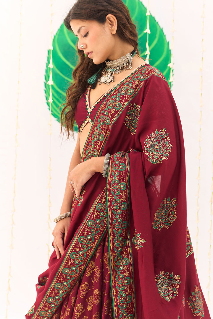 Jameela Block Printed Berry Red Lehenga with Embroidered Blouse and Dupatta ( Set of 3)