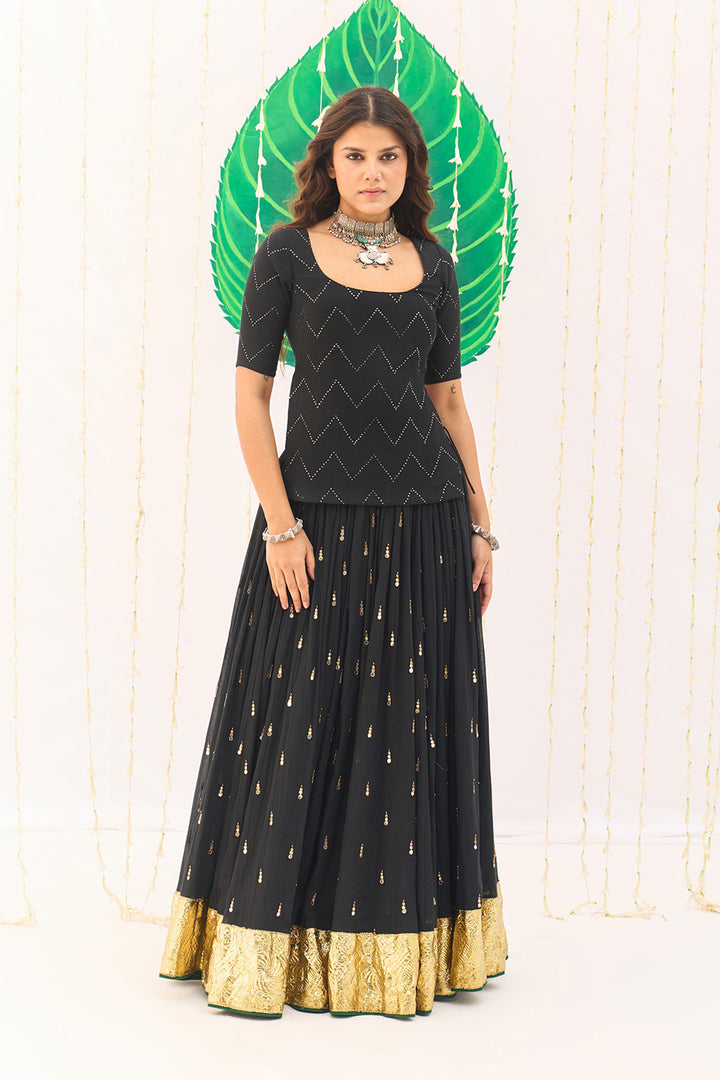 Jameela Solid Black Lehenga with Mukaish Choli and Block Printed Dupatta (set of 3)