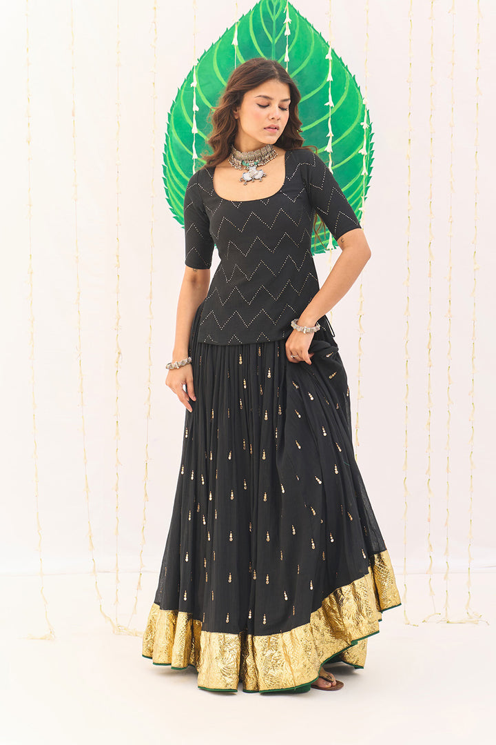 Jameela Solid Black Lehenga with Mukaish Choli and Block Printed Dupatta (set of 3)