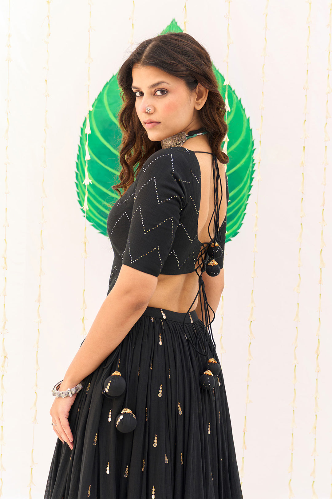 Jameela Solid Black Lehenga with Mukaish Choli and Block Printed Dupatta (set of 3)