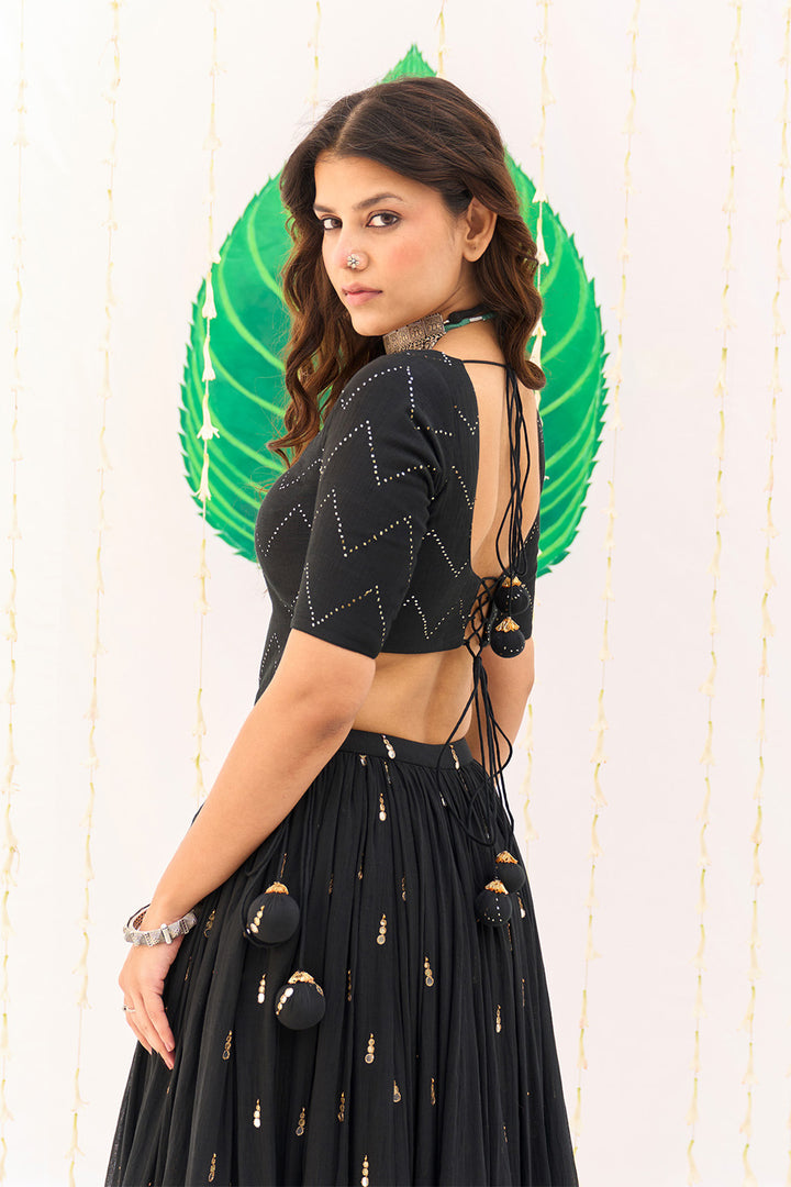 Jameela Solid Black Lehenga with Mukaish Choli and Block Printed Dupatta (set of 3)