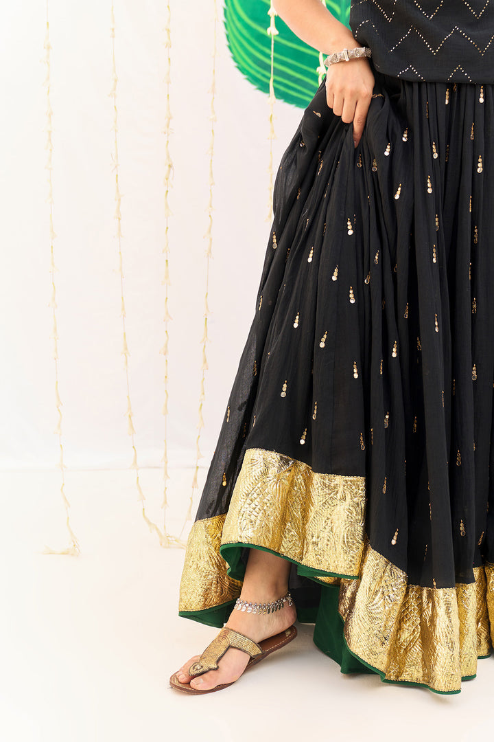 Jameela Solid Black Lehenga with Mukaish Choli and Block Printed Dupatta (set of 3)