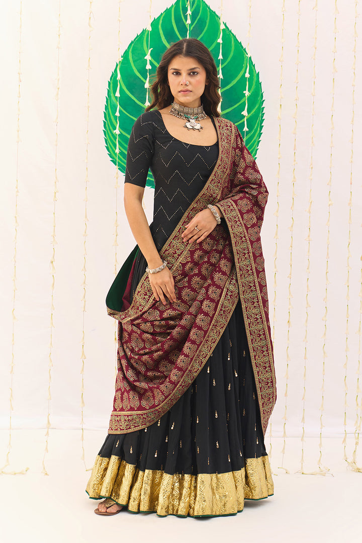 Jameela Solid Black Lehenga with Mukaish Choli and Block Printed Dupatta (set of 3)