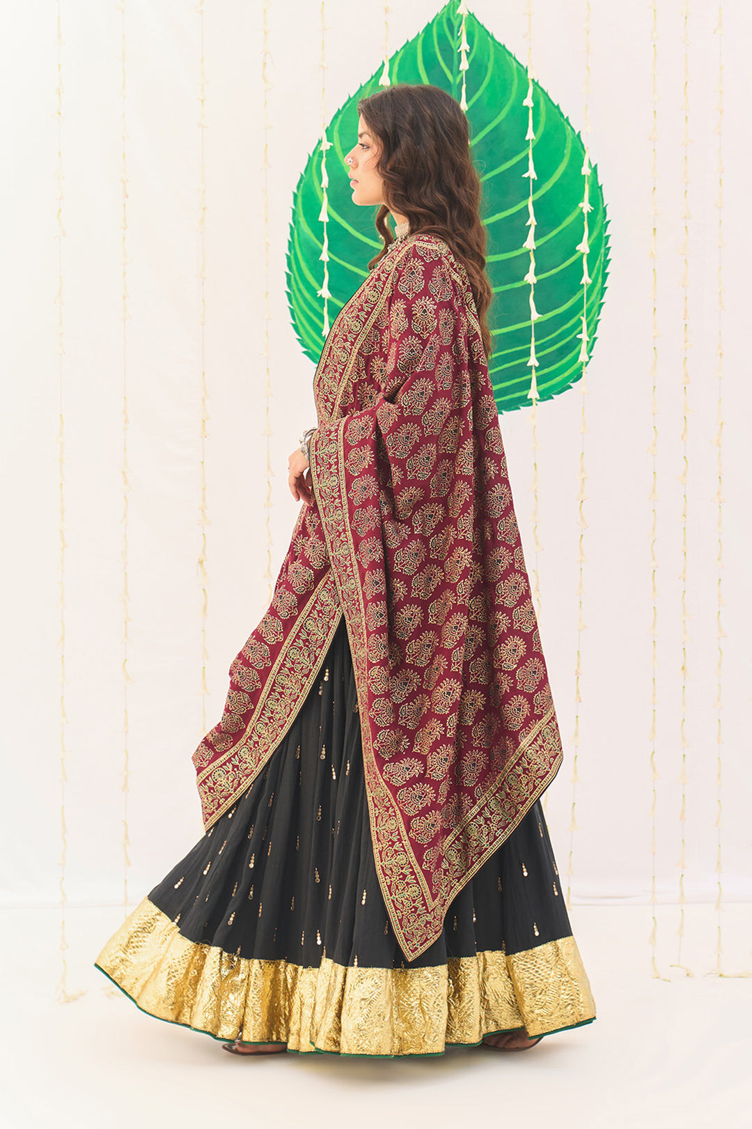 Jameela Solid Black Lehenga with Mukaish Choli and Block Printed Dupatta (set of 3)