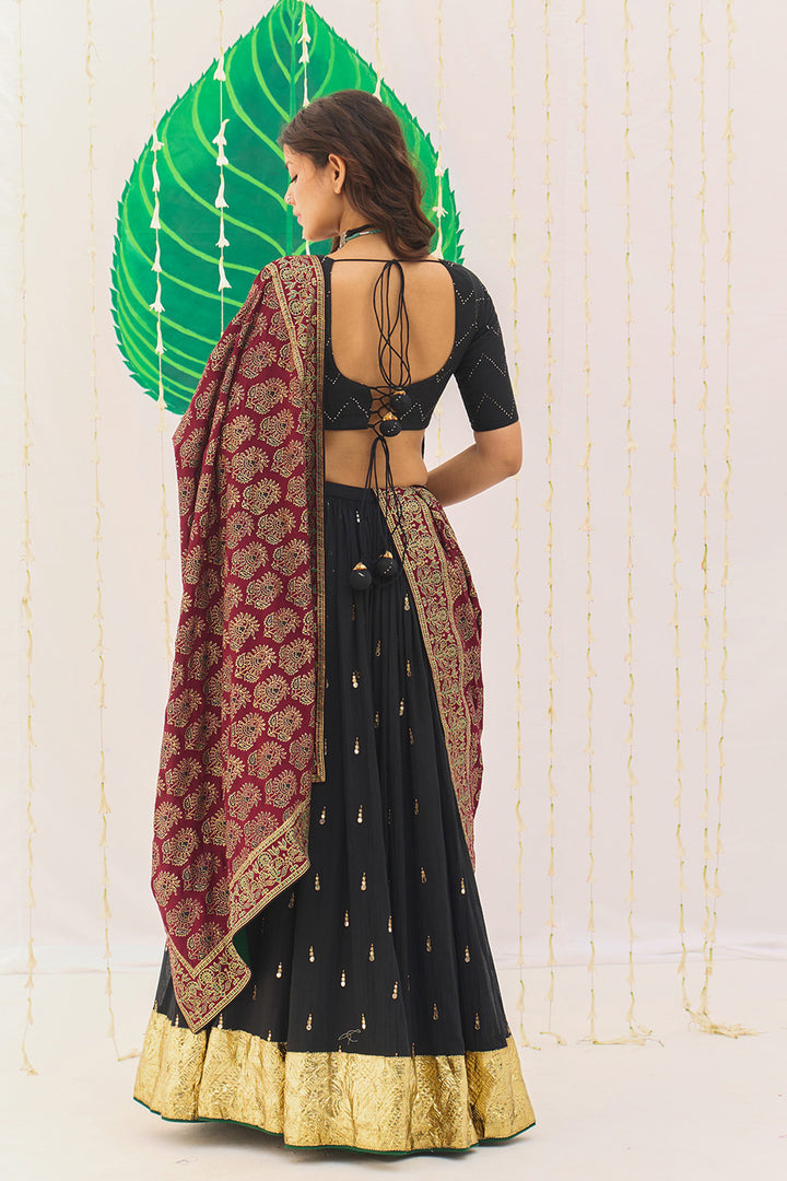 Jameela Solid Black Lehenga with Mukaish Choli and Block Printed Dupatta (set of 3)