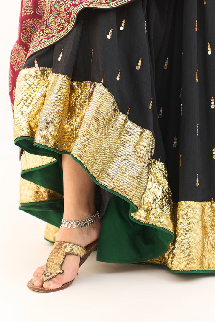 Jameela Solid Black Lehenga with Mukaish Choli and Block Printed Dupatta (set of 3)