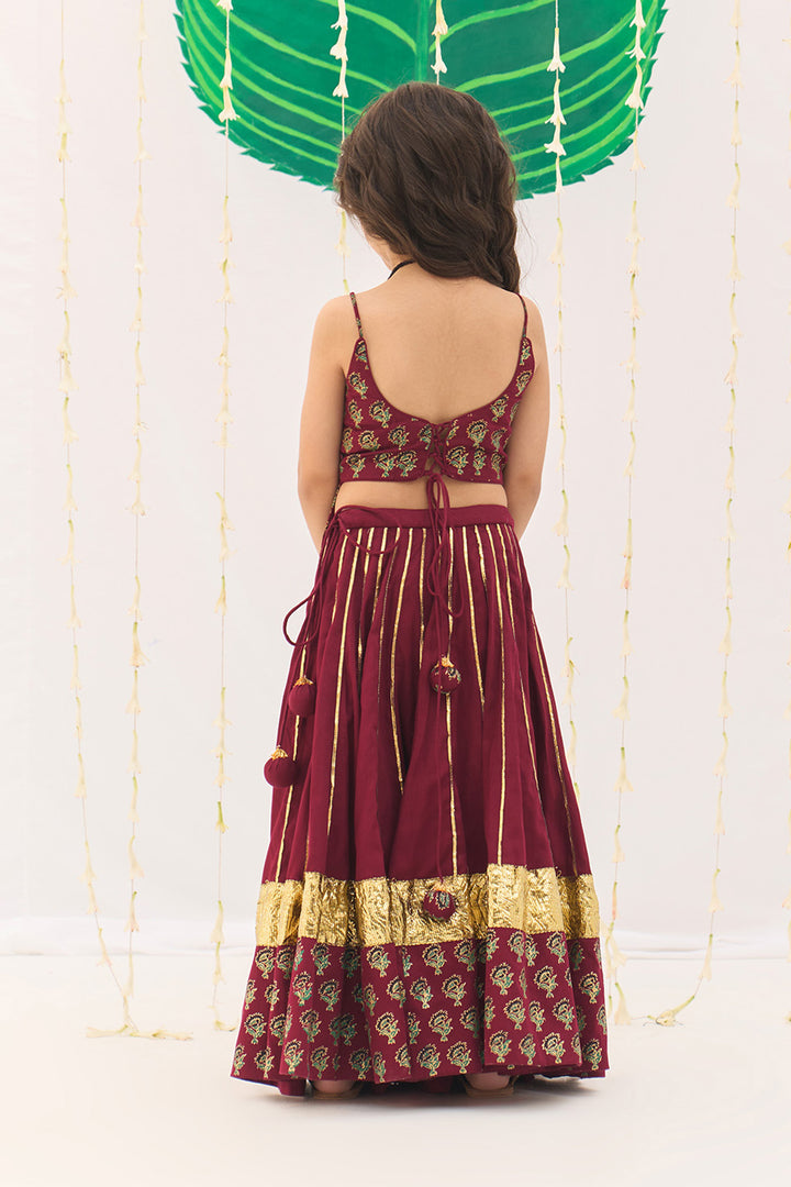 Jameela Berry Red Lehenga with Strap Choli and Green Dupatta (set of 3)