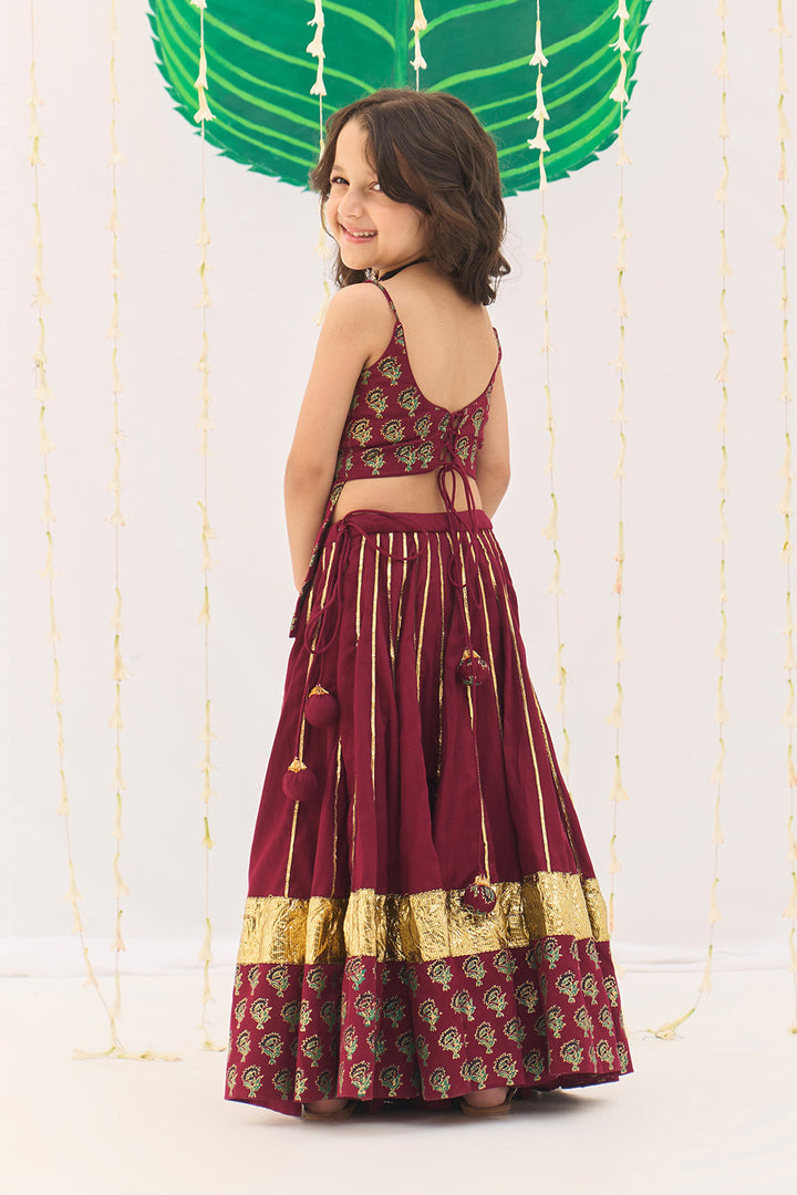 Jameela Berry Red Lehenga with Strap Choli and Green Dupatta (set of 3)